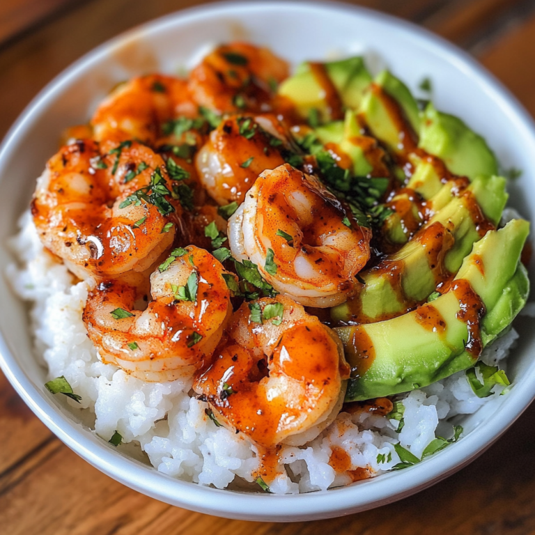 Garlic Butter Shrimp with Avocado on Top of White Rice with Spicy Sauce Drizzled Recipe