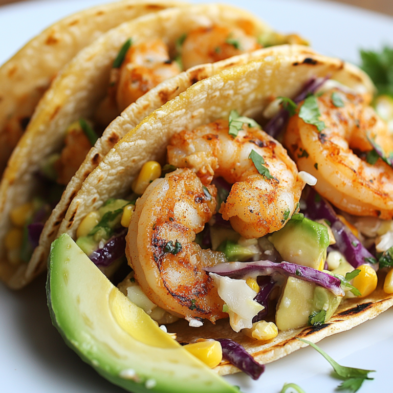 Shrimp Tacos with Corn, Avocado, and Coleslaw on Corn Tortillas