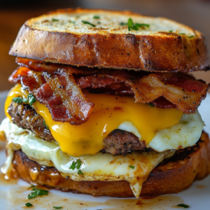 Bacon and Homemade Sausage Egg and Cheese Garlic Bread Breakfast Sandwich